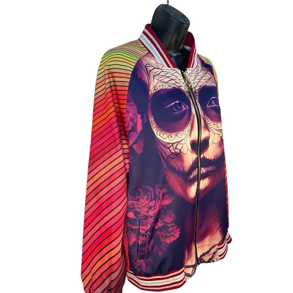 PRETTY WORTHY‎ day of the dead graphic print womens bombe jacket L - Picture 6 of 8